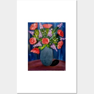 Some mixed flowers with red roses In a metallic baby blue vase Posters and Art